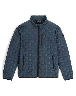 Blue quilted jacket with a pattern on a white background