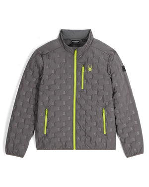 Gray jacket with yellow zippers and a logo on a white background