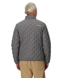 Person wearing a gray quilted jacket with a brand logo on the back, standing against a white background.