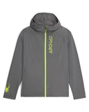 Gray hoodie with green accents on a white background