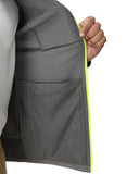 Gray jacket with a yellow zipper held open by a hand on a white background