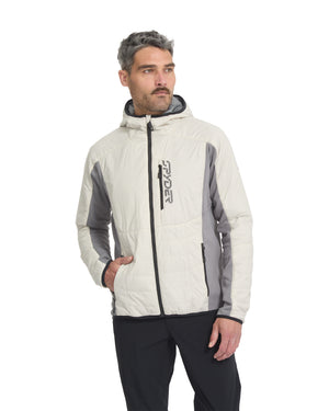Man wearing a white and gray jacket with a brand logo on a white background