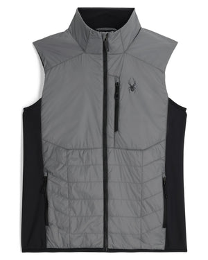 Gray puffer vest with black accents on a white background