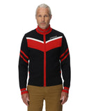 Man wearing a black and red jacket with Spyder logo on a white background