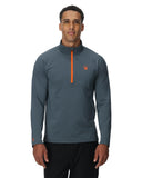 Man wearing a gray long-sleeve shirt with an orange zipper on a white background