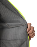 Gray bag with a yellow zipper held by a hand on a white background