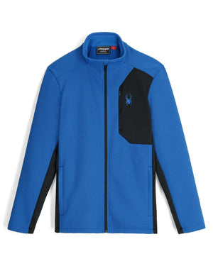 Blue jacket with black accents on a white background