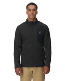 Man wearing a dark gray fleece jacket with a brand logo on a white background