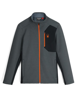 Gray jacket with orange zipper and black pocket on a white background