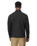 Man wearing a dark gray fleece jacket on a white background