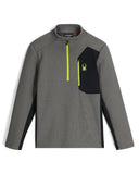 Gray long-sleeve shirt with black pocket and yellow zipper on a white background