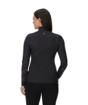 Person wearing a black long-sleeve top with a logo on the back against a white background