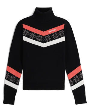 Black turtleneck sweater with red and white accents on a white background