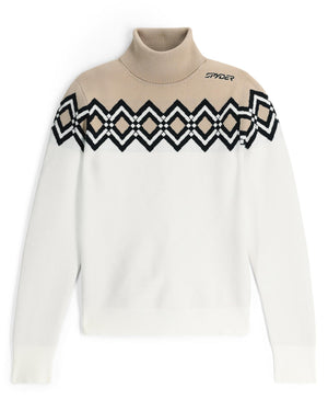 White sweater with geometric pattern and beige collar on a white background