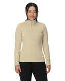 Woman wearing a beige long-sleeve shirt with a zipper on a white background