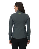 Person wearing a gray jacket with a visible brand logo on the back, standing against a white background.