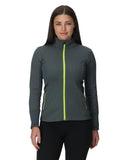 Woman wearing a gray jacket with a green zipper on a white background