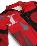 Red and black jacket with graphic designs on a white background
