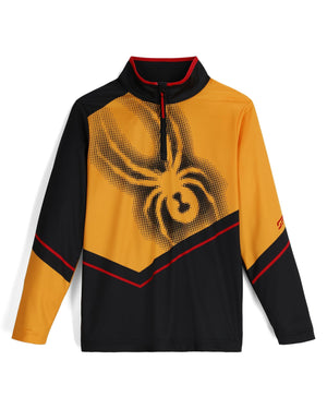 Yellow and black long-sleeve shirt with a spider graphic on a white background