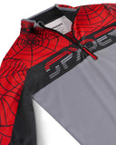 Spider-Man themed jacket with red and black design on a white background