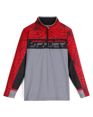 Spider-themed pullover with red, gray, and black design on a white background