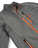 Gray jacket with orange accents and a logo on a white background