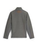 Gray jacket with a brand logo on the back against a white background