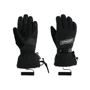 A pair of black Spyder ski gloves with adjustable wrist straps and a drawcord over the cuff. The gloves feature a GORE-TEX insert and are designed for cold weather activities.