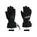 A pair of black Spyder ski gloves with adjustable wrist straps and a drawcord over the cuff. The gloves feature a GORE-TEX insert and are designed for cold weather activities.