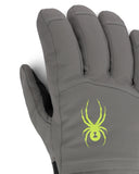 Gray glove with a green spider logo on a white background