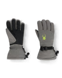 Pair of gray gloves with black accents and a logo on a white background