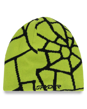 Green beanie with black geometric pattern on a white background
