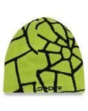 Green beanie with black geometric pattern on a white background