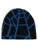 Black beanie with blue geometric pattern on a white background