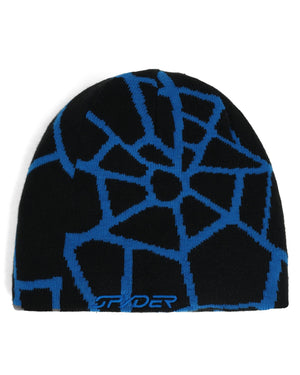 Black beanie with blue geometric pattern on a white background