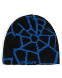 Black beanie with blue geometric pattern on a white background