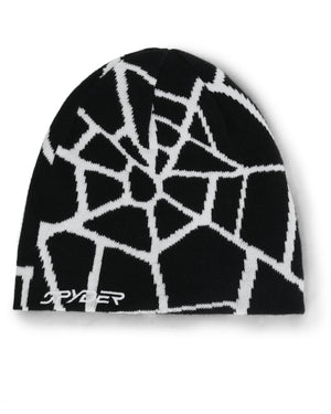 Black and white beanie with spider web pattern on a white background