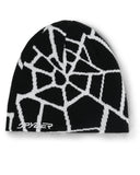 Black and white beanie with spider web pattern on a white background