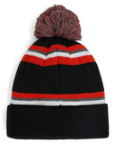 Black beanie with red, gray, and white stripes and a pom-pom on a white background