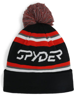 Black beanie with red, gray, and white stripes and a pom-pom on a white background