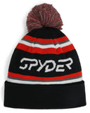 Black beanie with red, gray, and white stripes and a pom-pom on a white background