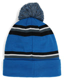 Blue knit beanie with striped pattern and pom-pom on a white background