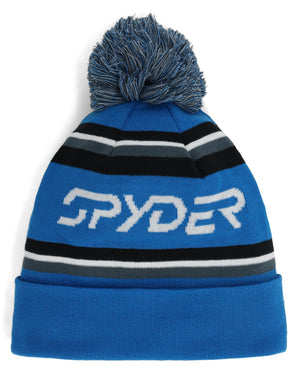 Blue beanie with striped pattern and pom-pom on a white background