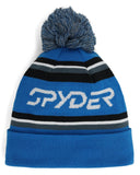 Blue beanie with striped pattern and pom-pom on a white background