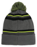Gray beanie with green and black stripes and a green pom-pom on a white background