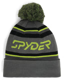 Gray beanie with green pom-pom and Spyder logo on a white background