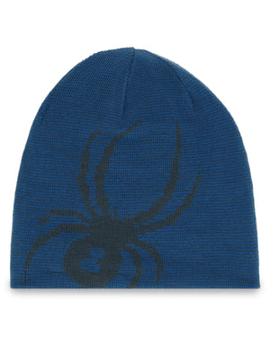Blue knit beanie with a black spider design on a white background