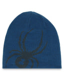 Blue knit beanie with a black spider design on a white background