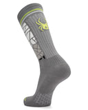 Gray sock with a spider logo on a white background