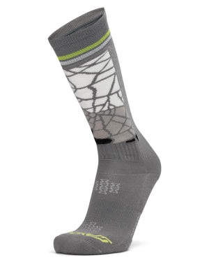 Gray sock with a patterned design on a white background